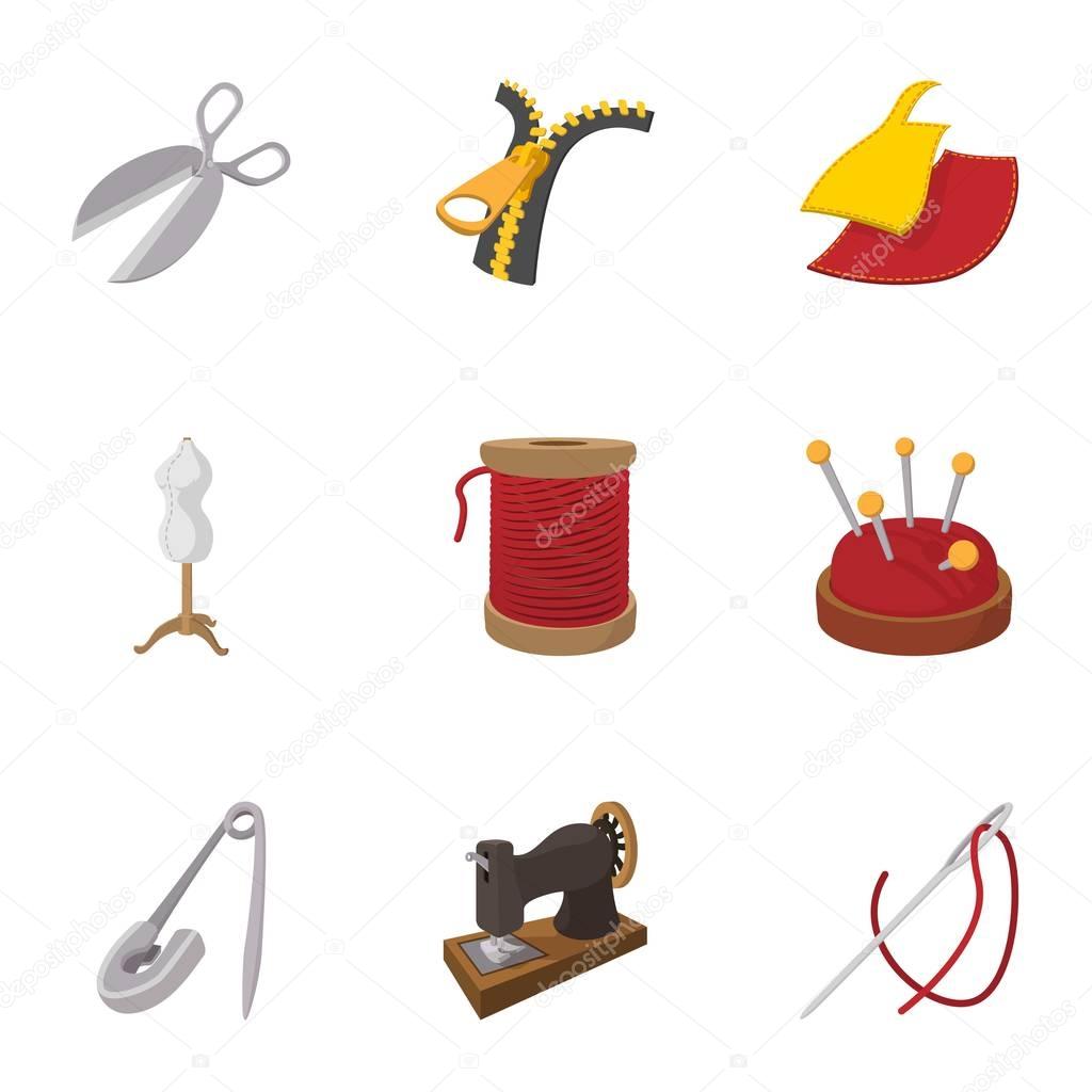 Tools for sewing dresses icons set, cartoon style