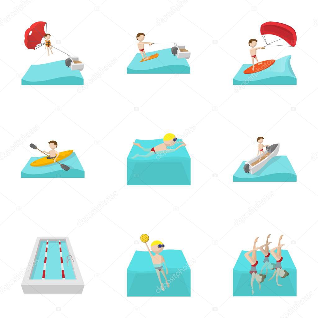 Water exercise icons set, cartoon style