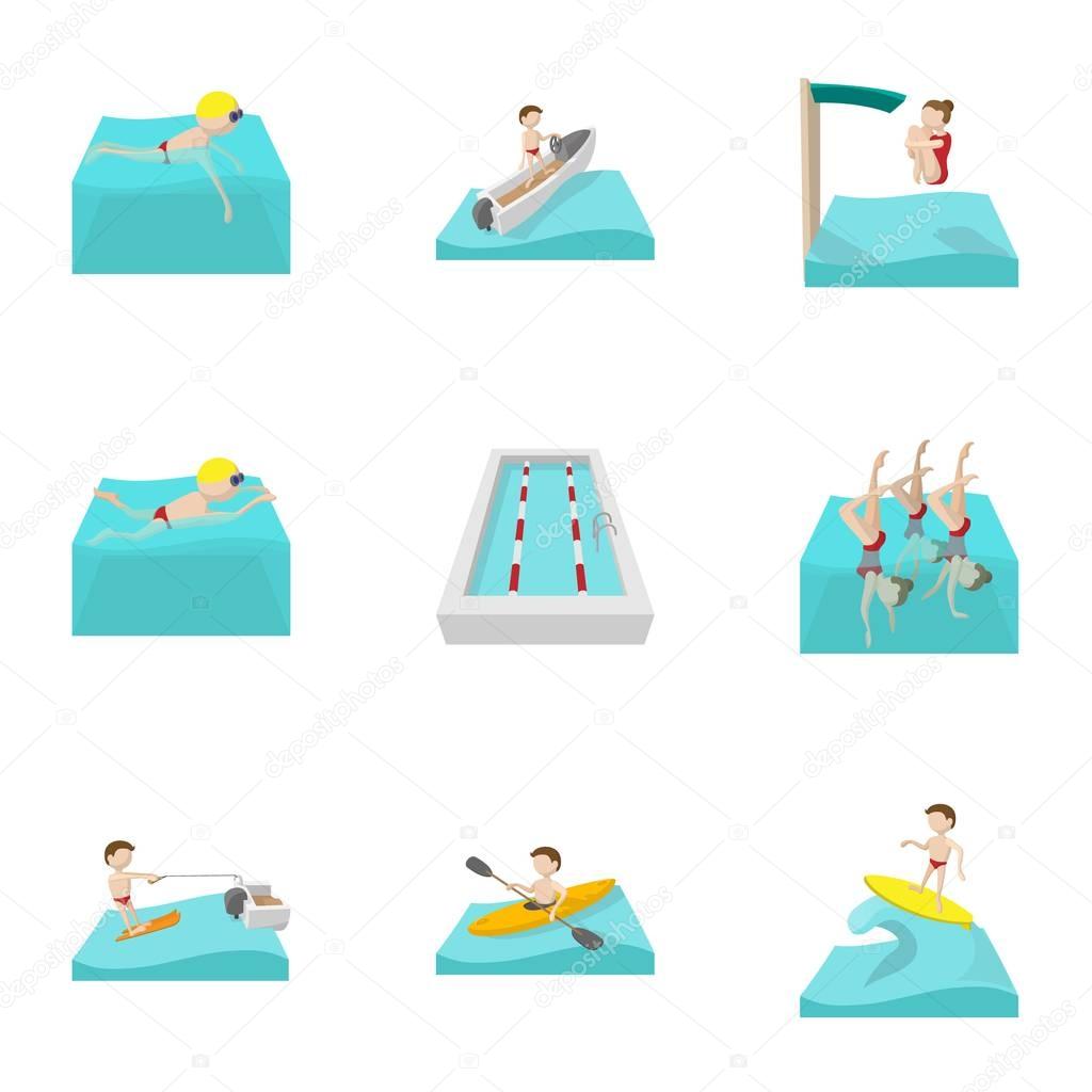 Swimming on water icons set, cartoon style