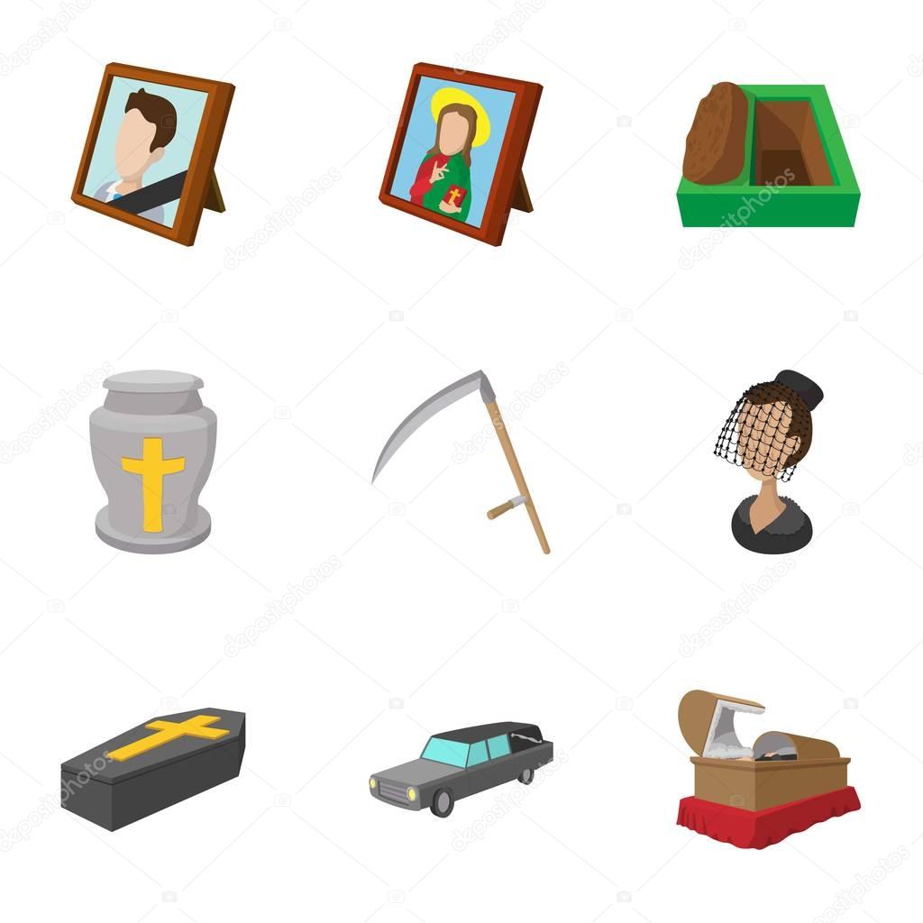 Funeral icons set, cartoon style