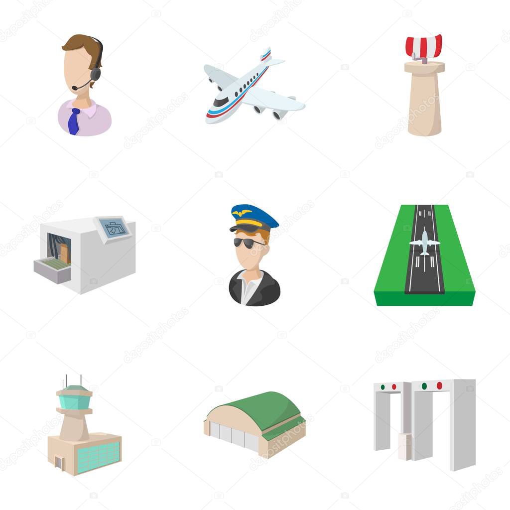 Airport icons set, cartoon style