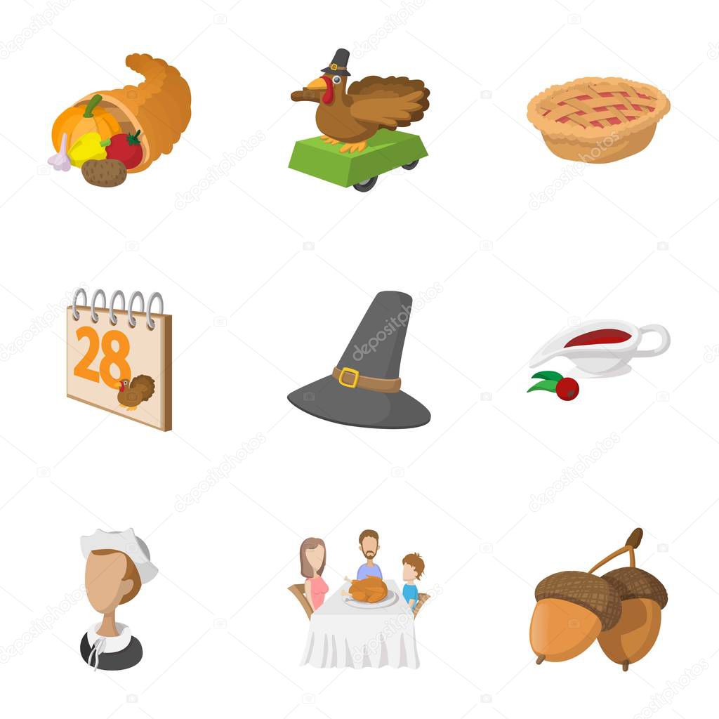 Thanksgiving day icons set, cartoon style