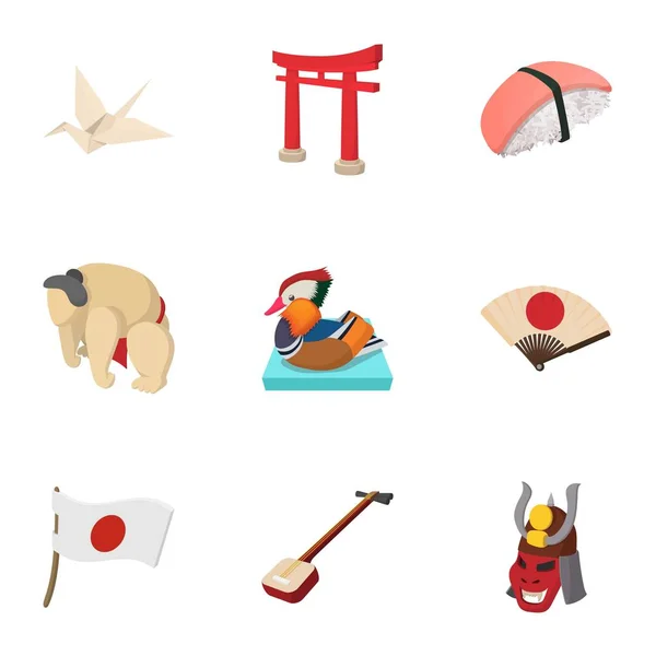 Atracciones de conjunto de iconos de Japón, estilo de dibujos animados — Archivo Imágenes Vectoriales