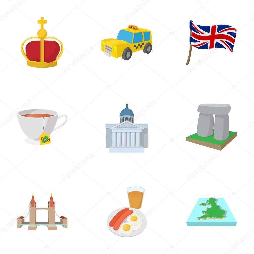Tourism in United Kingdom icons set, cartoon style