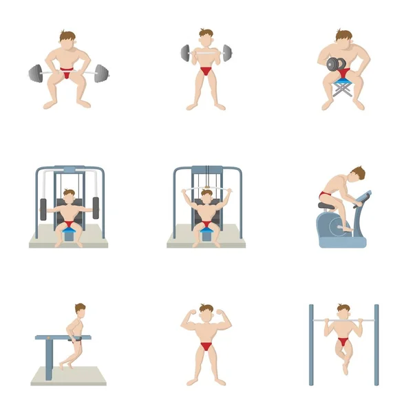 Entrenamiento en el conjunto de iconos de gimnasio, estilo de dibujos animados — Vector de stock