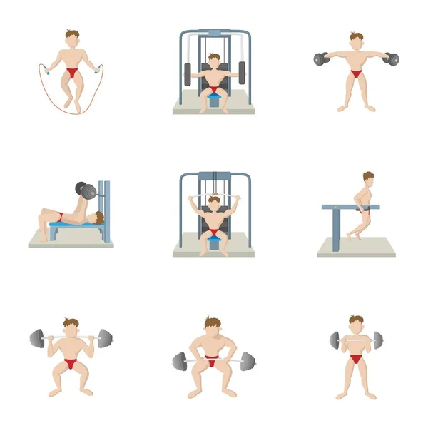 Perder peso en el conjunto de iconos de gimnasio, estilo de dibujos animados — Vector de stock