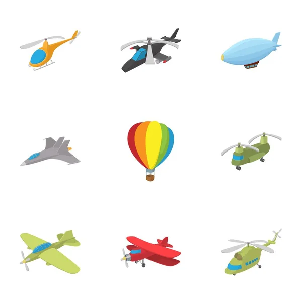 Zestaw ikon pojazdów latających, stylu cartoon — Wektor stockowy