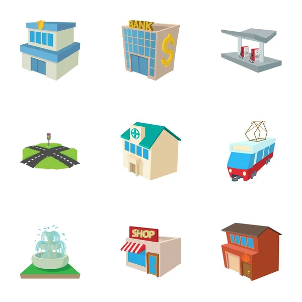 Public building icons set, cartoon style — Stock Vector