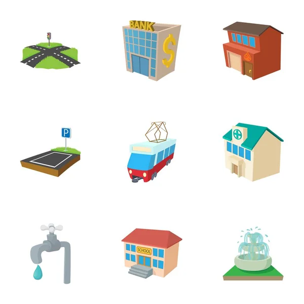 Conjunto de iconos de edificios de ciudad, estilo de dibujos animados — Vector de stock