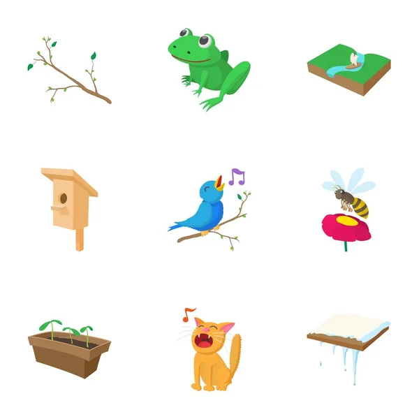 Conjunto de iconos de primavera de temporada, estilo dibujos animados — Vector de stock