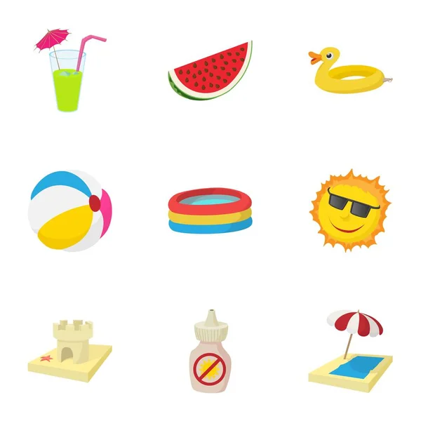 Sandy beach icons set, cartoon style — Stock Vector