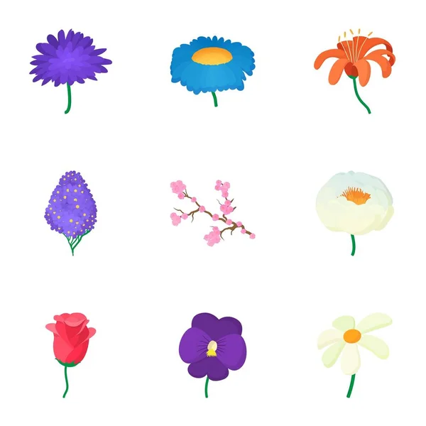 Conjunto de ícones de flores, estilo dos desenhos animados — Vetor de Stock