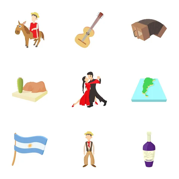 Conjunto de iconos de Turismo en Argentina, estilo dibujos animados — Vector de stock