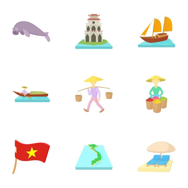 Zajímavosti z Vietnamu ikony sady, kreslený styl — Stockový vektor