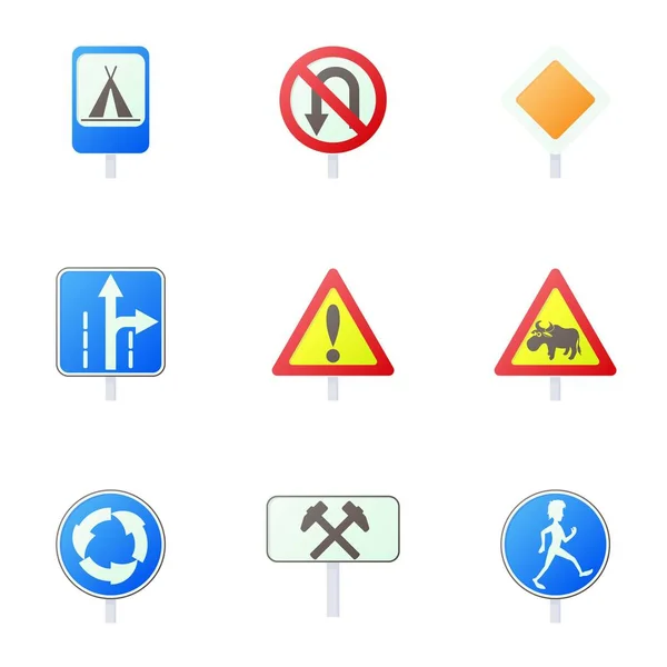 Segno di traffico icone set, stile cartone animato — Vettoriale Stock