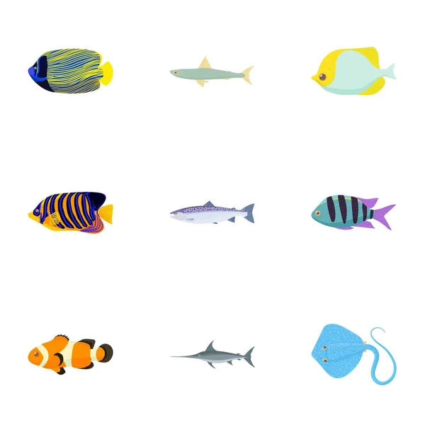Espèces de poissons icônes ensemble, style dessin animé — Image vectorielle