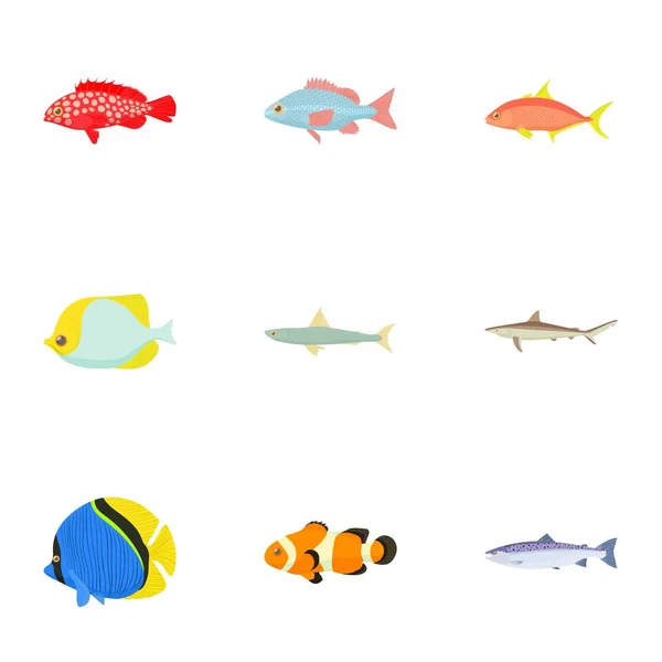 Oceano conjunto de ícones de peixe, estilo cartoon — Vetor de Stock