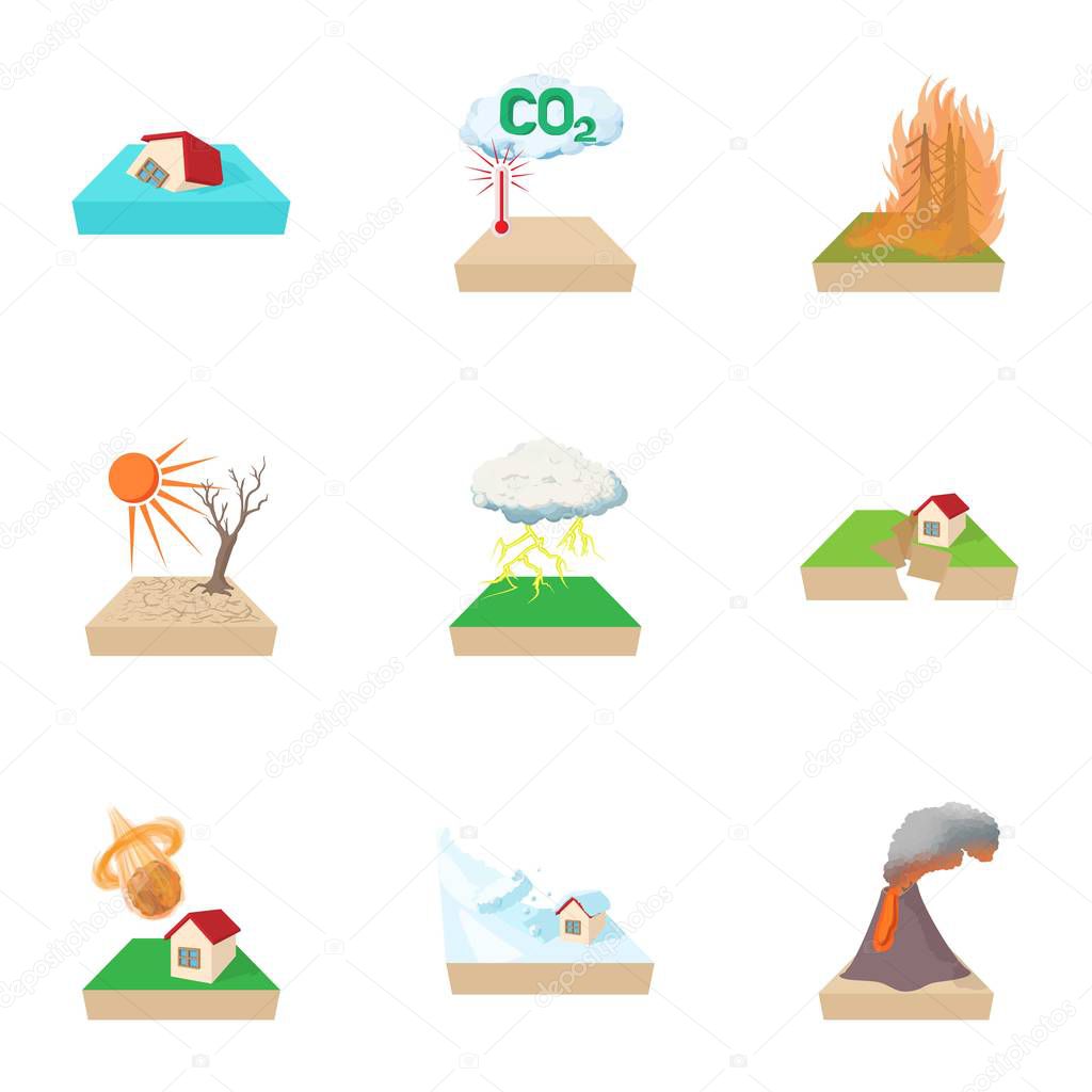 Natural disasters icons set, cartoon style