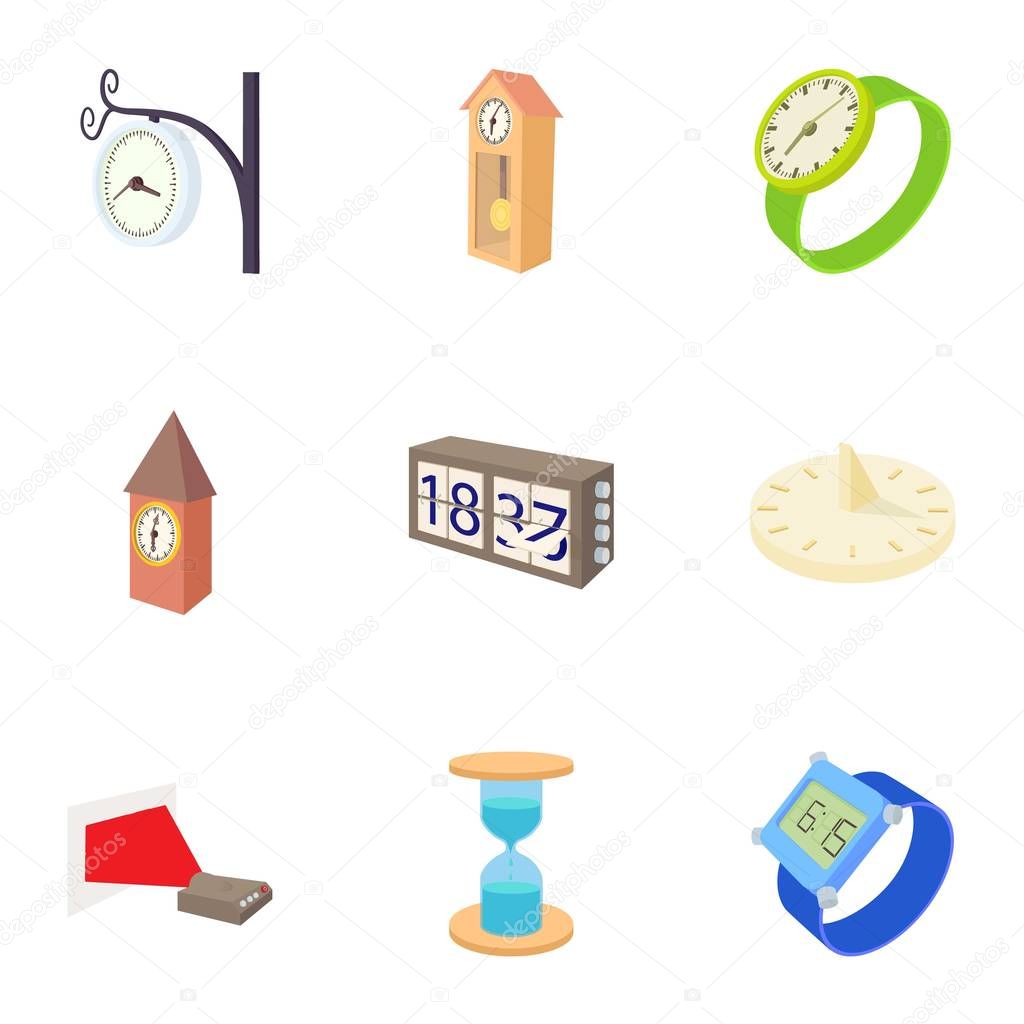 Kinds of watches icons set, cartoon style