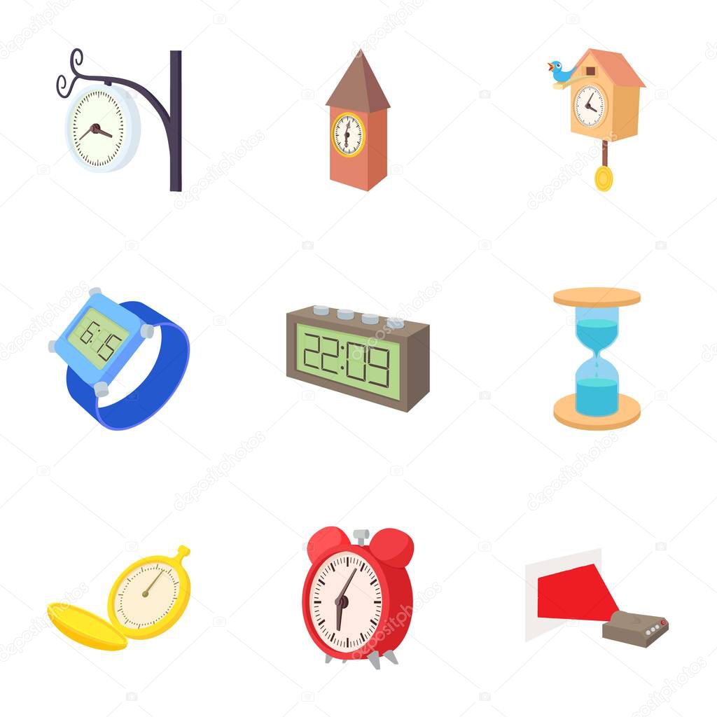 Clock icons set, cartoon style