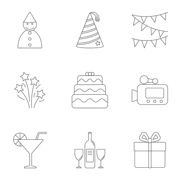 Holiday birthday icons set, outline style