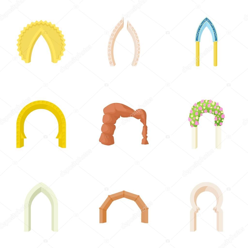 Arched openings icons set, cartoon style