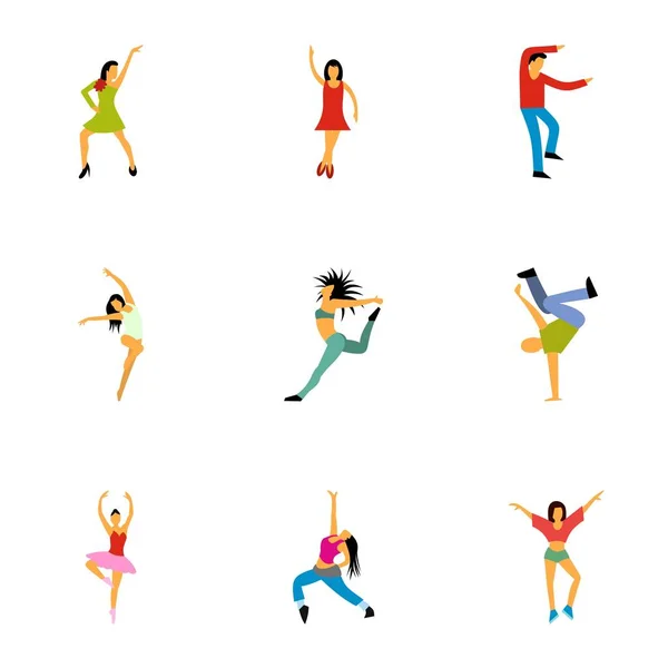 Tipos de danzas conjunto de iconos, estilo plano — Vector de stock