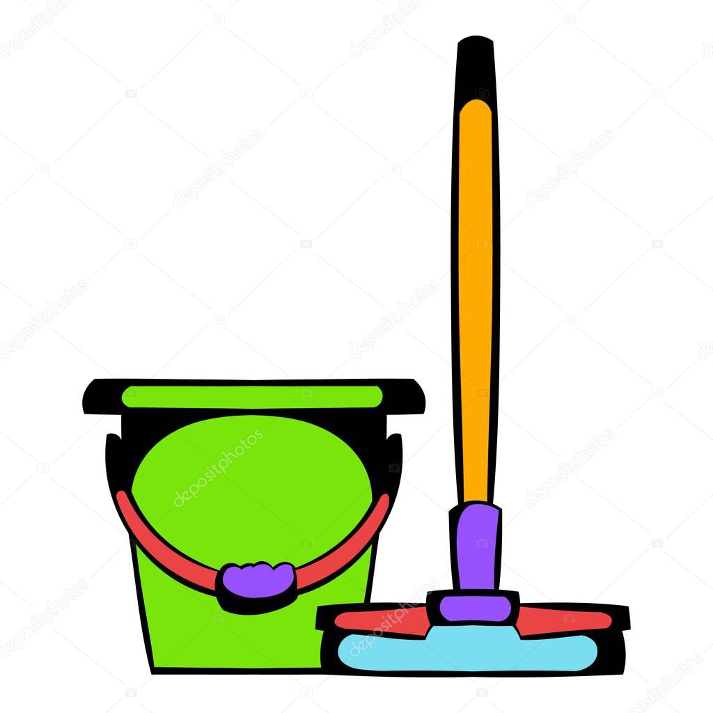 Bucket with a mop icon cartoon