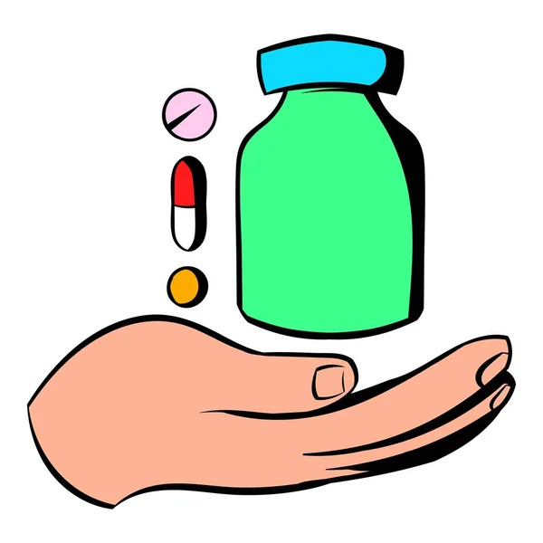 Mano con vitaminas e icono de medicación — Vector de stock