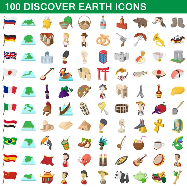100 descubrir iconos de la tierra conjunto, estilo de dibujos animados — Vector de stock