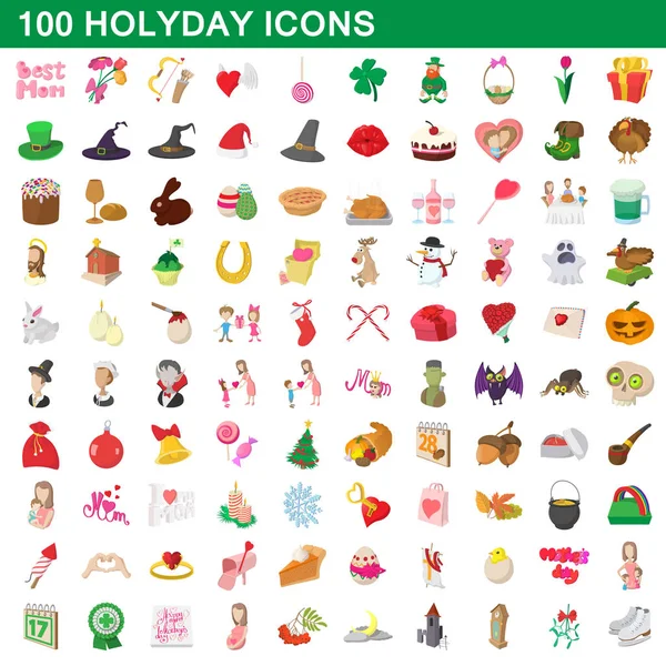 100 conjunto de iconos de días festivos, estilo de dibujos animados — Vector de stock
