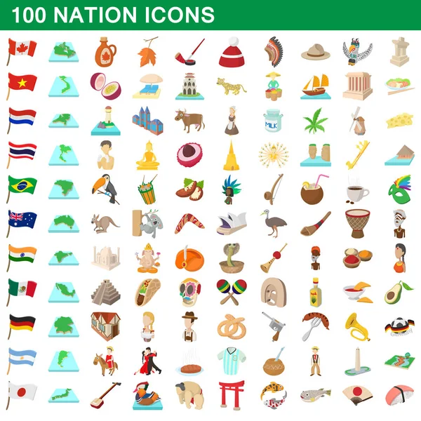 100 conjunto de iconos de la nación, estilo de dibujos animados — Vector de stock