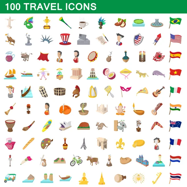 100 iconos de viaje conjunto, estilo de dibujos animados — Vector de stock