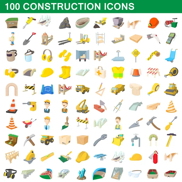 100 építési ikonok készlet, rajzfilm stílus — Stock Vector