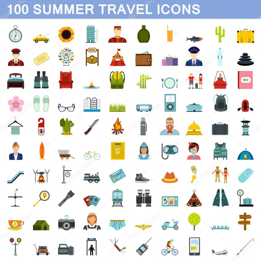 100 summer travel icons set, flat style