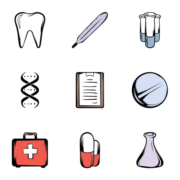 Набор иконок для медицинских вещей, стиль мультфильма — стоковый вектор