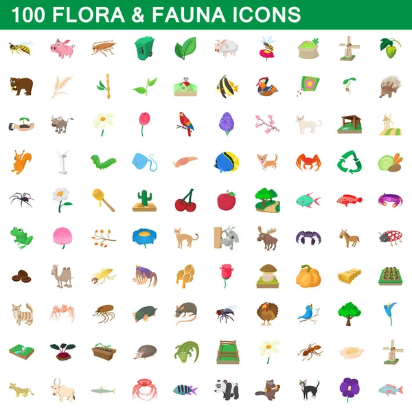 100 flóru a faunu ikony nastavit, kreslený styl — Stockový vektor