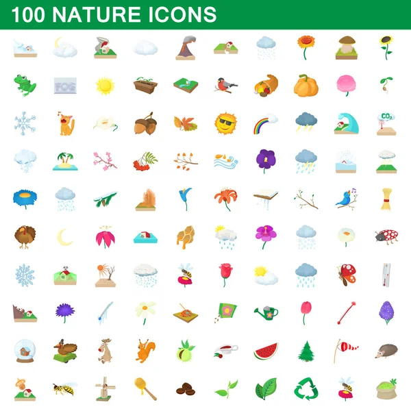 100 iconos de la naturaleza conjunto, estilo de dibujos animados — Vector de stock