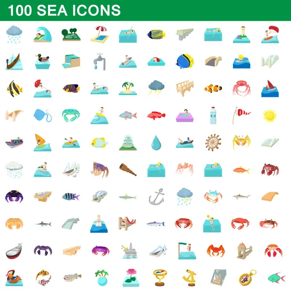 100 iconos de mar conjunto, estilo de dibujos animados — Vector de stock