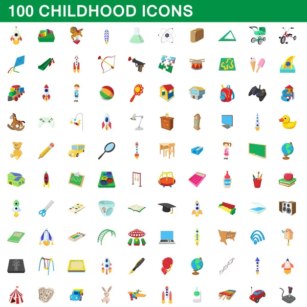 100 iconos de la infancia conjunto, estilo de dibujos animados — Vector de stock