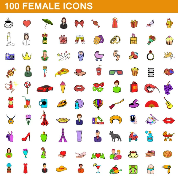 100 vrouwelijke iconen set, cartoon stijl — Stockvector