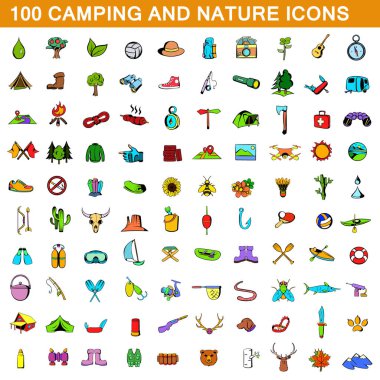 100 camping icons set, cartoon style clipart