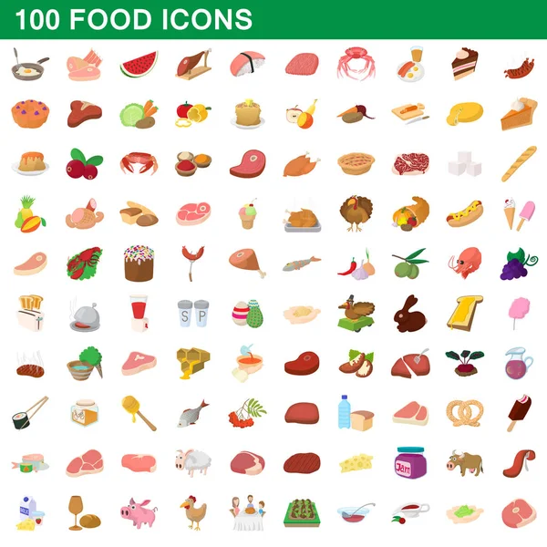 100 iconos de comida, estilo de dibujos animados — Vector de stock