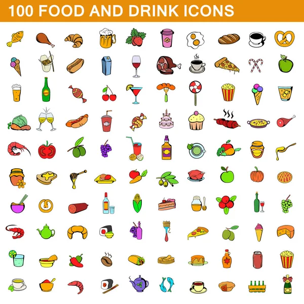 100 conjunto de ícones de comida e bebida, estilo cartoon —  Vetores de Stock