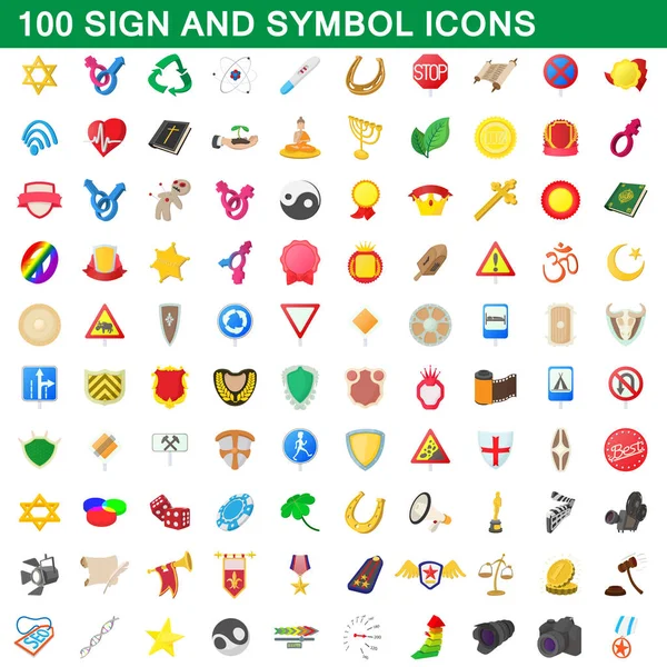 100 iconos de signo y símbolo conjunto, estilo de dibujos animados — Vector de stock