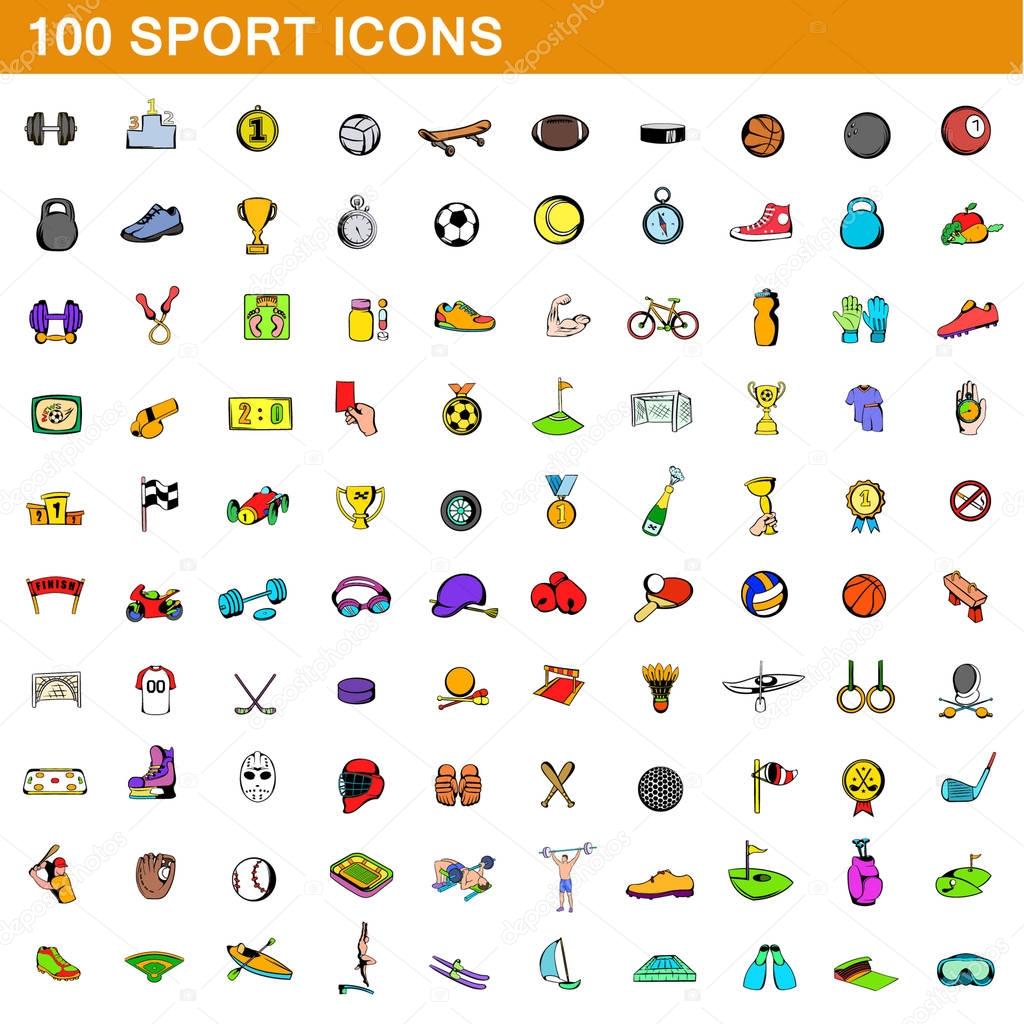 100 sport icons set, cartoon style