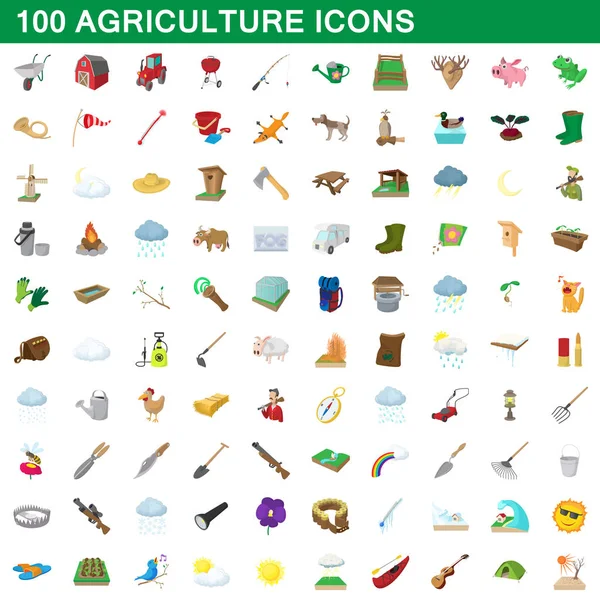 100 iconos de la agricultura conjunto, estilo de dibujos animados — Vector de stock