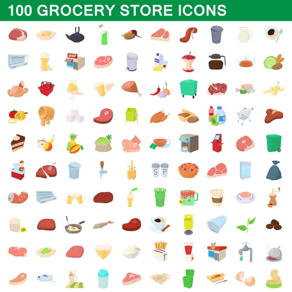 100 tienda de comestibles iconos conjunto, estilo de dibujos animados — Vector de stock