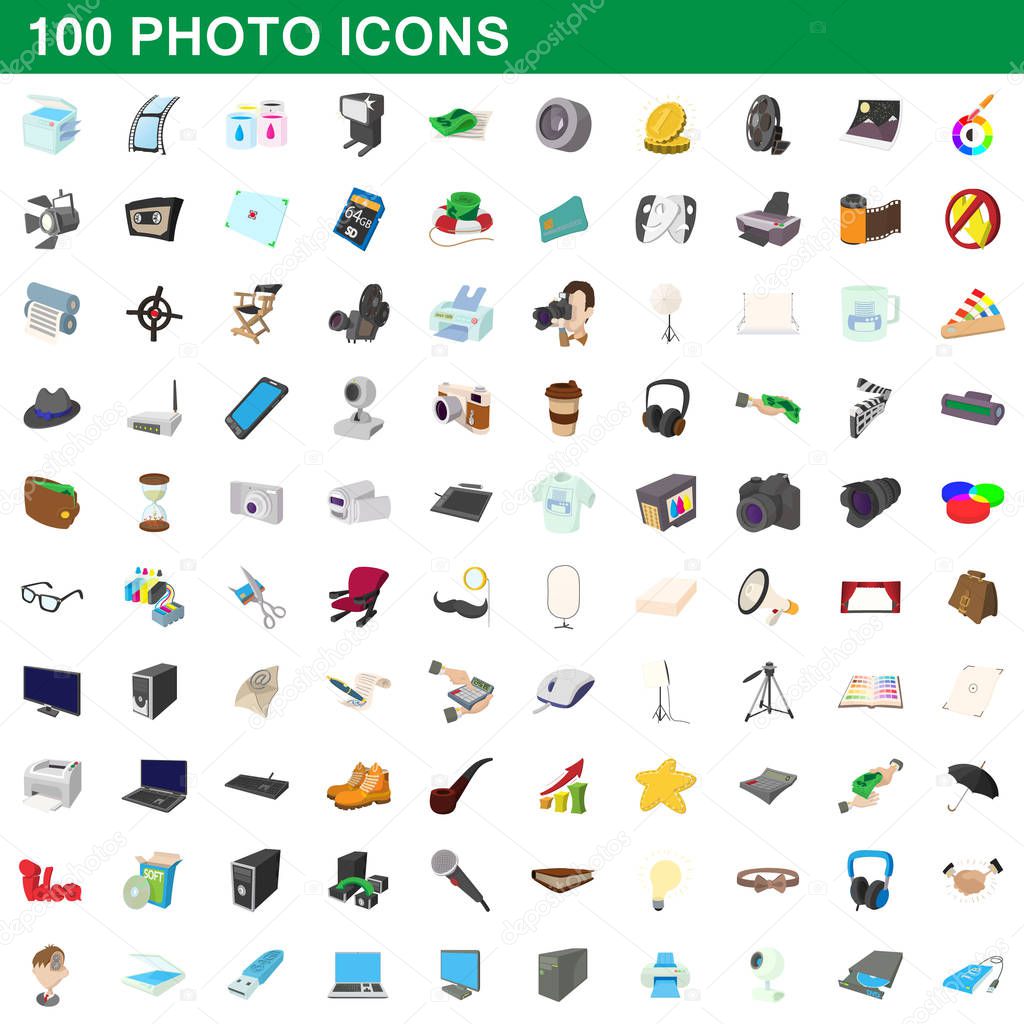 100 photo icons set, cartoon style