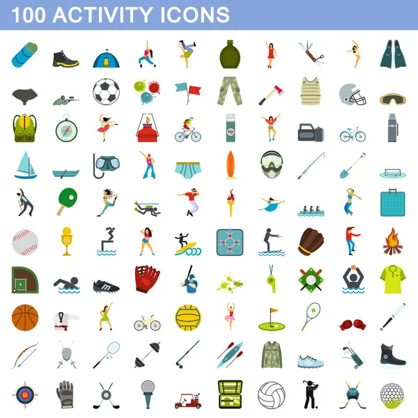 100 activity icons set, flat style — Stock Vector